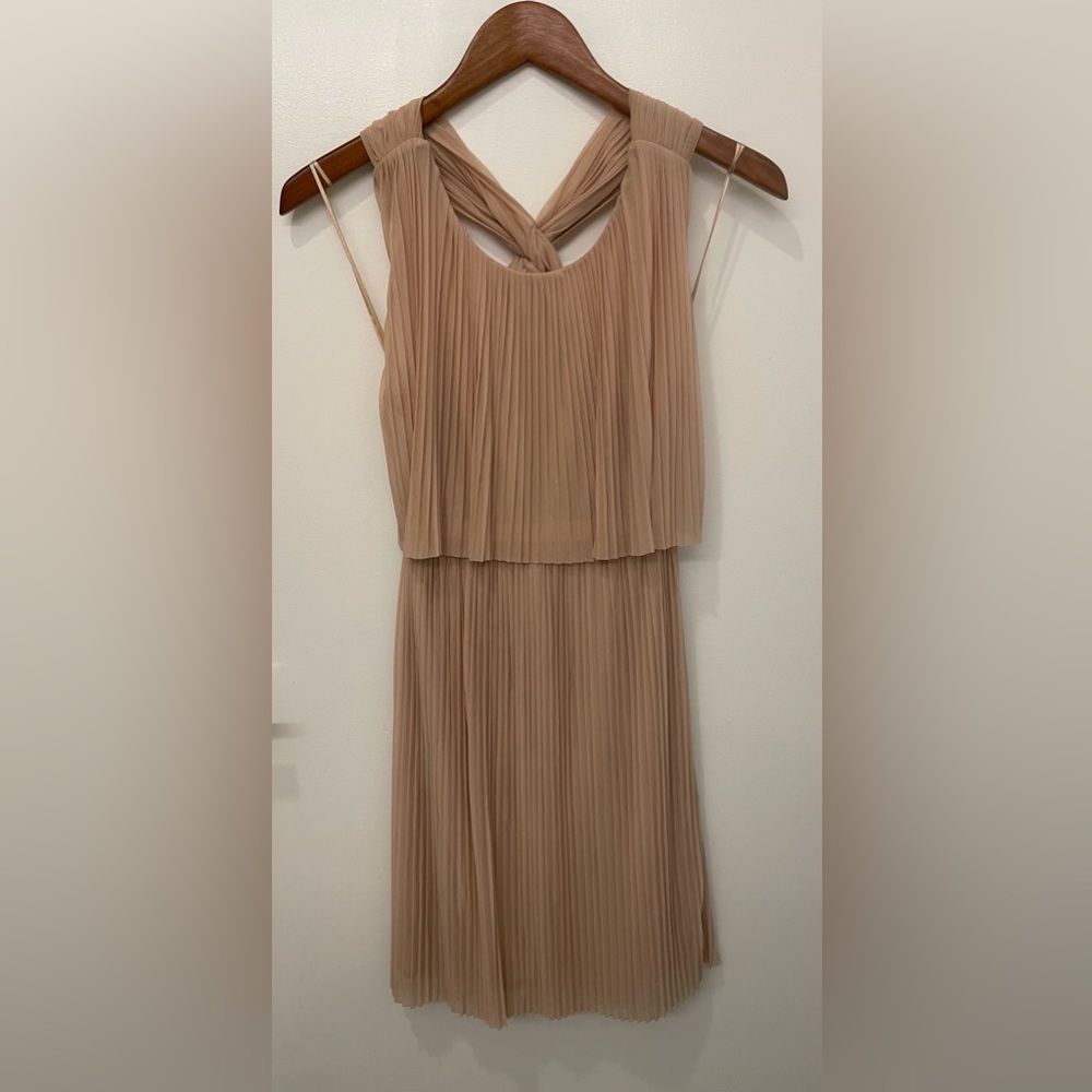 H&M blush colored pleated dress. Cross cross open back sheer panel back detail.